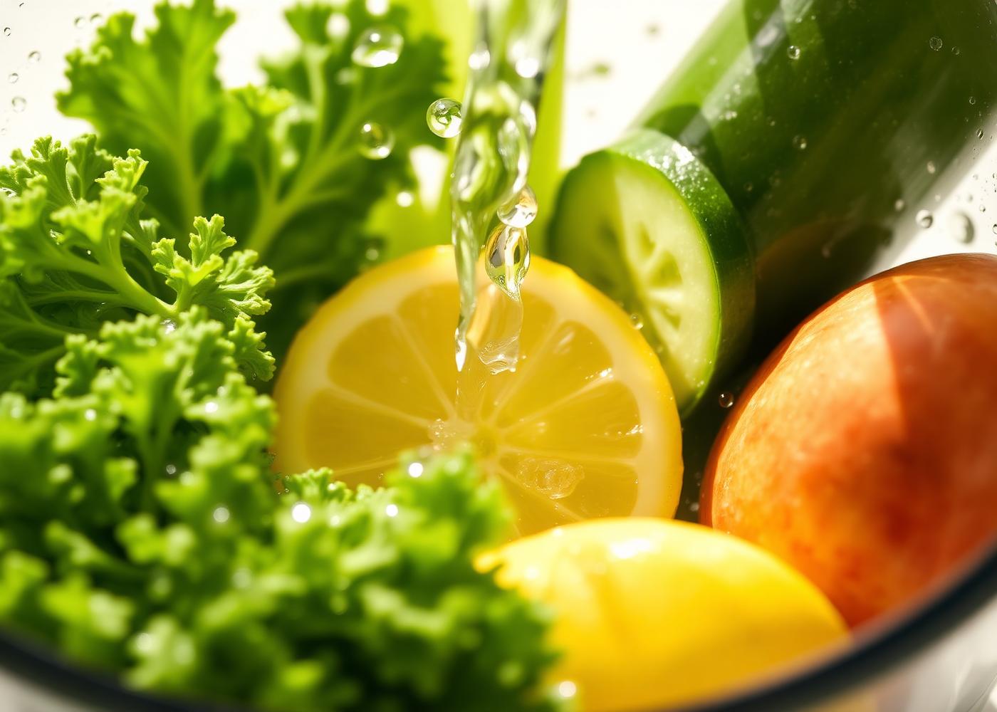 Cold-pressing fresh kale, celery, cucumber and lemon