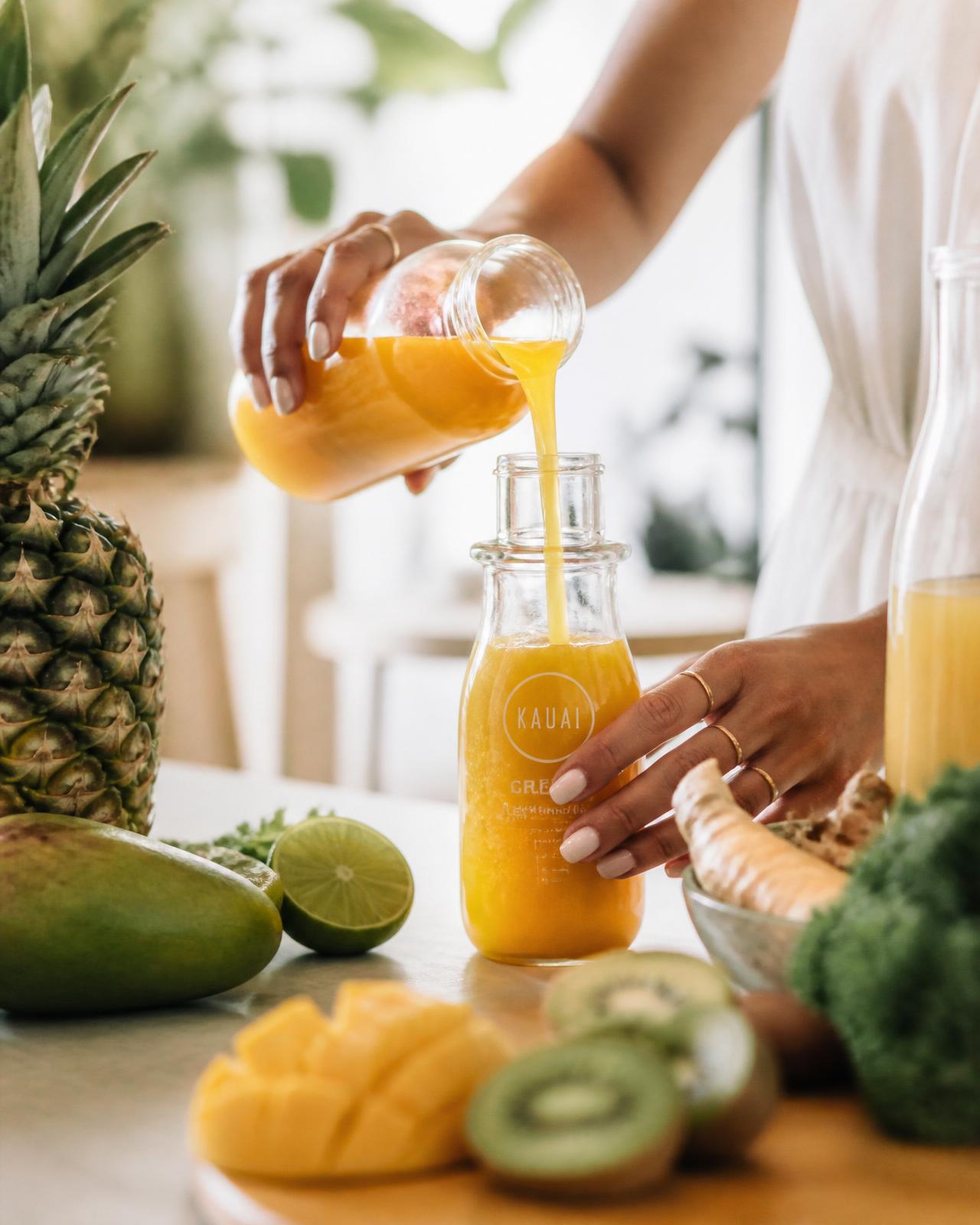 Hands pouring freshly cold-pressed juice into a clear bottle