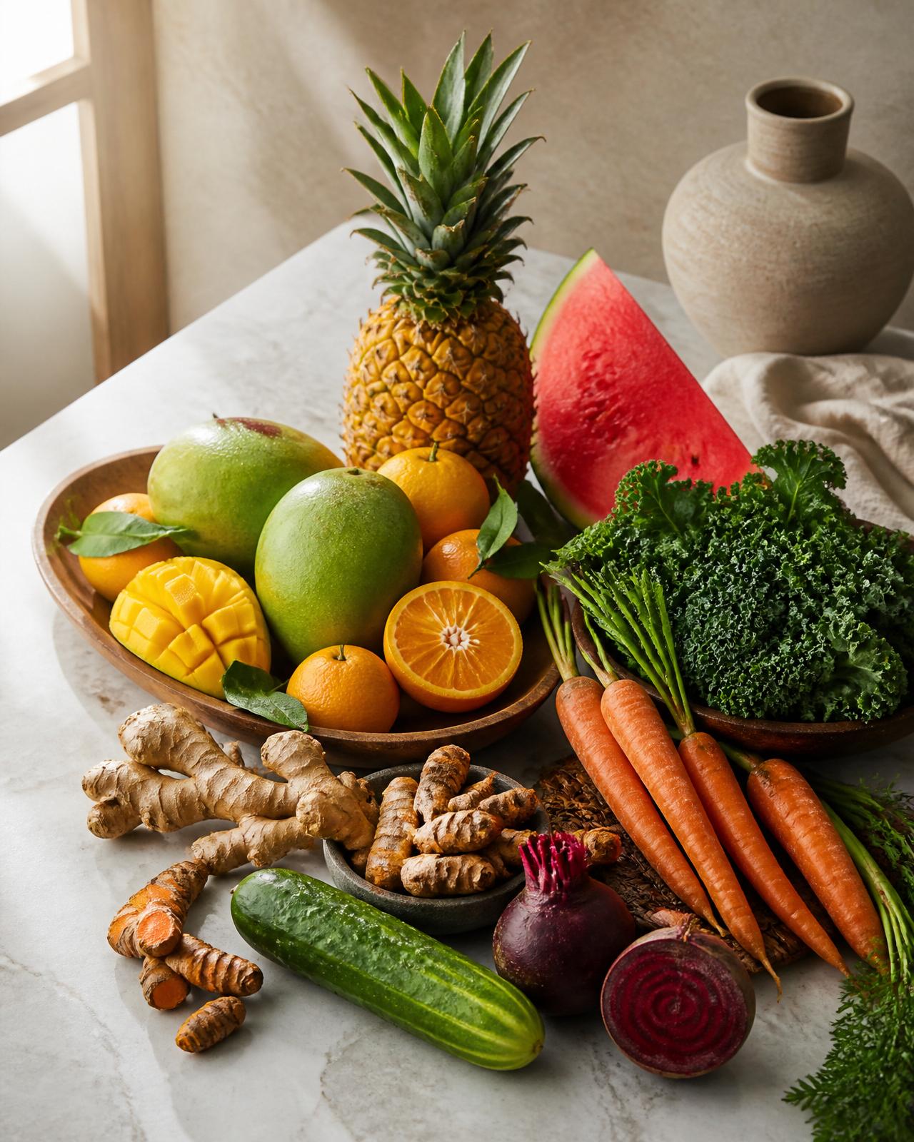Fresh tropical Indonesian produce — pineapple, mango, kale, carrots, ginger, turmeric, beetroot